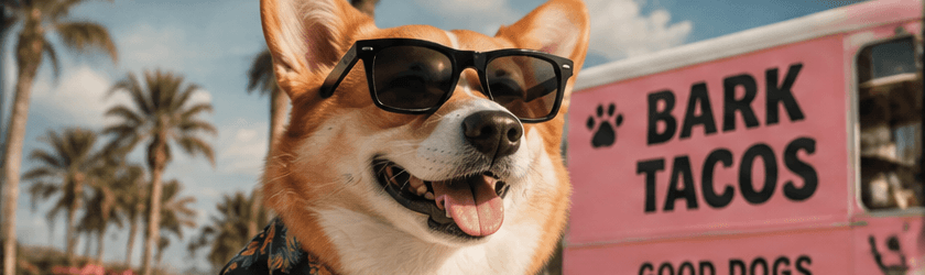 A sunglasses-wearing dog in front of the pink Bark Tacos truck